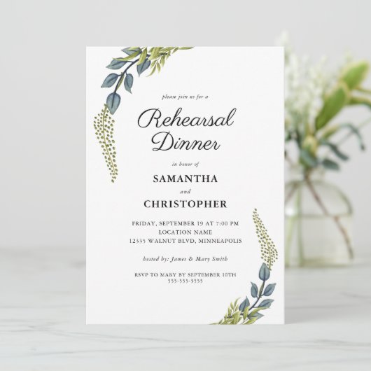 グリーンエレガントティール（緑がかった色）とグリーンリハーサルディナー 招待状 (スタンド正面)
