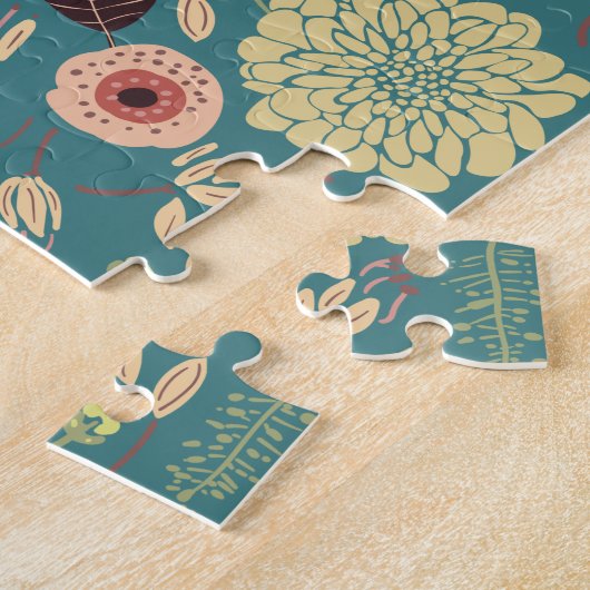 グリーンエレガントティール（緑がかった色）ピンク花柄 ジグソーパズル (側面)