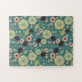 グリーンエレガントティール（緑がかった色）ピンク花柄 ジグソーパズル (横)