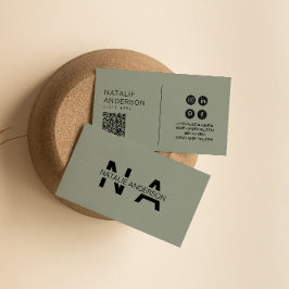 グリーンエレガントニュートラルQRコードモノグラムロゴボホ 名刺