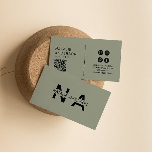 グリーンエレガントニュートラルQRコードモノグラムロゴボホ 名刺