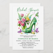 グリーンエレガントバタフライフローラシューズブライダルシャワー 招待状 (正面/裏面)
