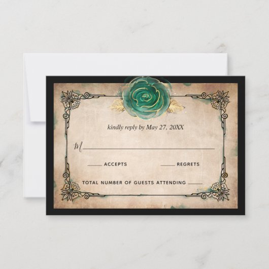 グリーンエレガントバラ金ゴールドブラックウォーター結婚カラー 出欠カード (正面)