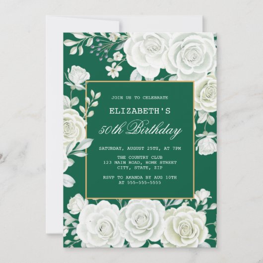グリーンエレガントパステルホワイトローズフローラ誕生日 招待状 (正面)