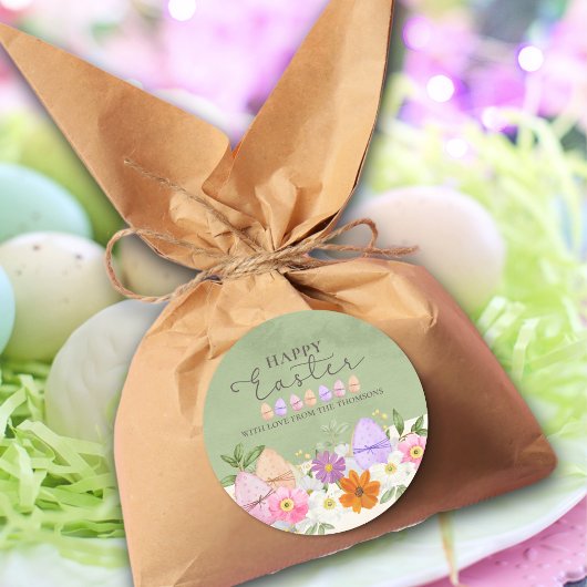 グリーンエレガントパステルワイルドフラワーズハッピーイースター ラウンドシール