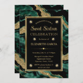 グリーンエレガントフォイルと金ゴールドグリッターアゲートスイート16 招待状 (正面/裏面)