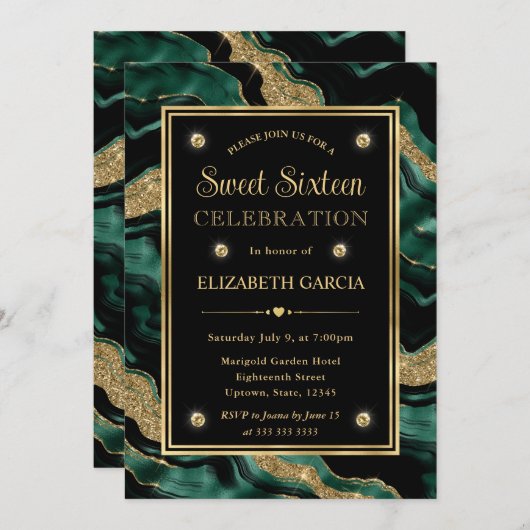 グリーンエレガントフォイルと金ゴールドグリッターアゲートスイート16 招待状 (正面/裏面)