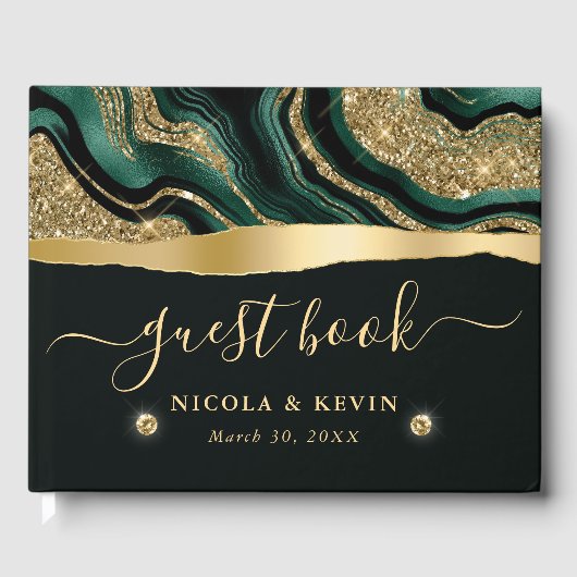 グリーンエレガントフォイルと金ゴールドグリッターアゲート結婚ト ゲストブック (正面)