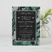 グリーンエレガントフォイル&シルバーグリッターアゲート結婚ズ 招待状 (スタンド正面)