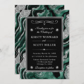 グリーンエレガントフォイル&シルバーグリッターアゲート結婚ズ 招待状 (正面/裏面)