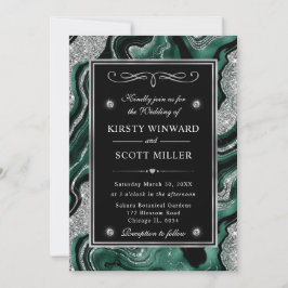 グリーンエレガントフォイル&シルバーグリッターアゲート結婚ズ 招待状