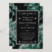 グリーンエレガントフォイル&シルバーグリッターアゲート結婚ズ 招待状 (正面/裏面)