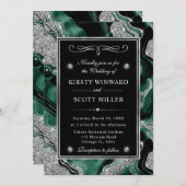 グリーンエレガントフォイル&シルバーグリッターアゲート結婚ズ 招待状 (正面/裏面)