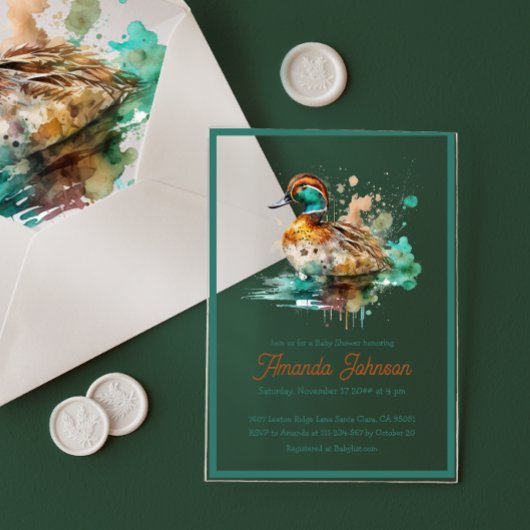 グリーンエレガントフレームのマラードアヒル赤ちゃんシャワー アクリル招待状