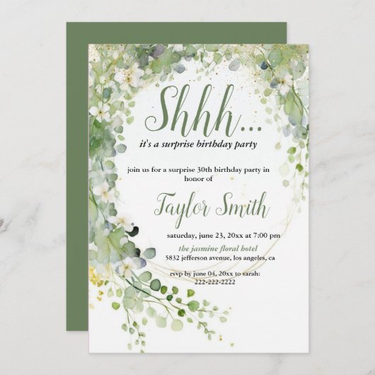 グリーンエレガントフローラサプライズパーティー招待状 招待状 (正面/裏面)