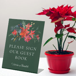 グリーンエレガントフローラス結婚クリスマスゲストブック 台座サイン