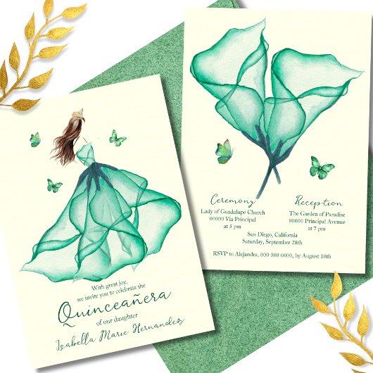 グリーンエレガントフローラリリーウォーターカラーキンセアニラ 招待状