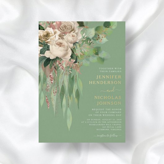 グリーンエレガントフローラ牡丹結婚ズ 箔招待状