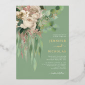 グリーンエレガントフローラ牡丹結婚ズ 箔招待状 (正面)
