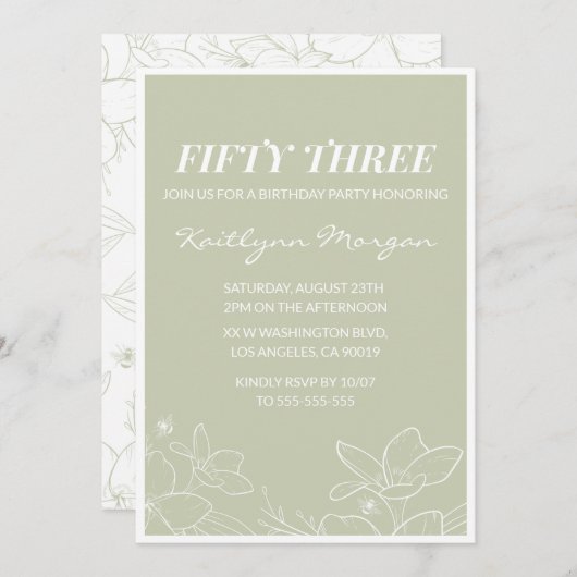 グリーンエレガントフローラ53歳の誕生日招待状 招待状 (正面/裏面)