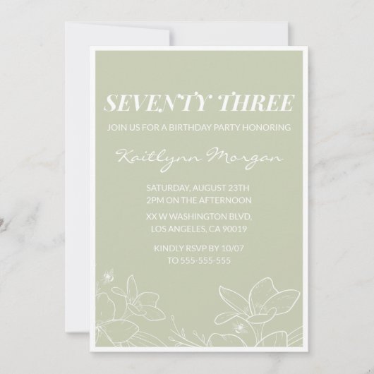 グリーンエレガントフローラ73歳の誕生日招待状 招待状 (正面)