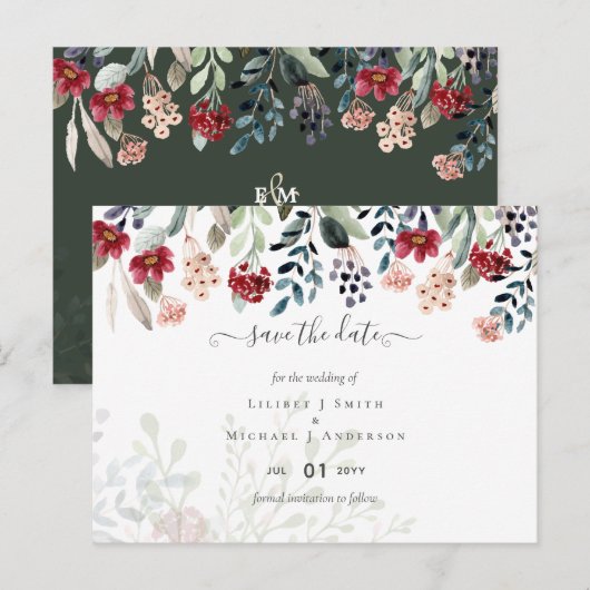 グリーンエレガントブルガンディーブルーフローラ結婚ズ ポストカード (正面/裏面)