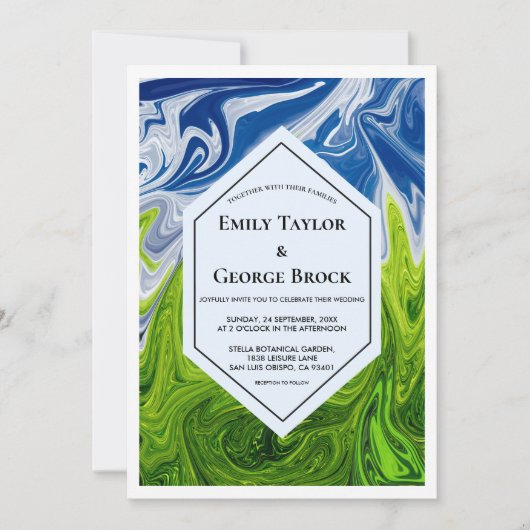 グリーンエレガントブルースカイアートフル抽象芸術結婚 招待状 (正面)