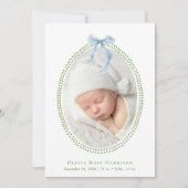 グリーンエレガントブルーボウウォーター色フォト誕生 案内状 (正面)