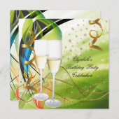 グリーンエレガントブルー金ゴールドバースデーパーティシャンパン 招待状 (正面/裏面)