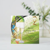 グリーンエレガントブルー金ゴールドバースデーパーティシャンパン 招待状 (スタンド正面)