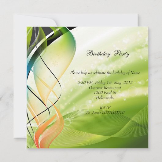 グリーンエレガントブルー金ゴールドバースデーパーティシャンパン 招待状 (裏面)