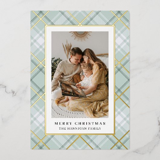 グリーンエレガントプレイドファミリー写真 箔シーズンカード (正面)