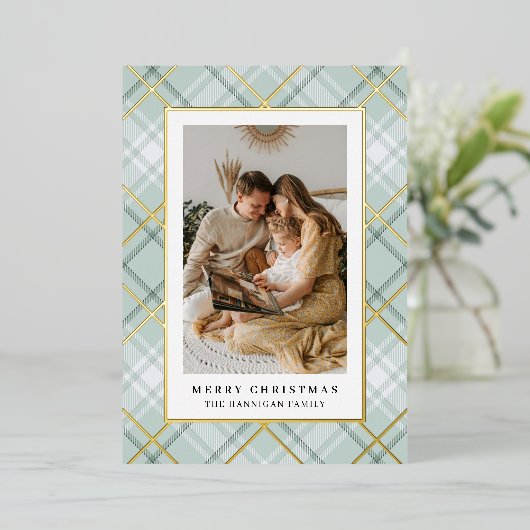 グリーンエレガントプレイドファミリー写真 箔シーズンカード (立ち正面)
