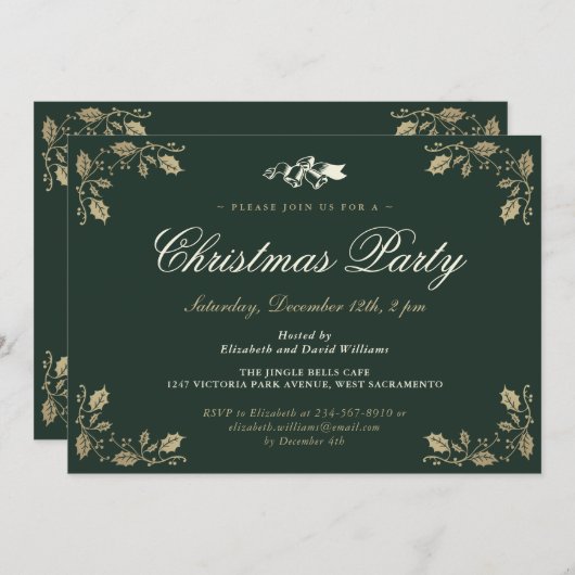 グリーンエレガントホリーベルズクリスマスホリデーパーティー 招待状 (正面/裏面)
