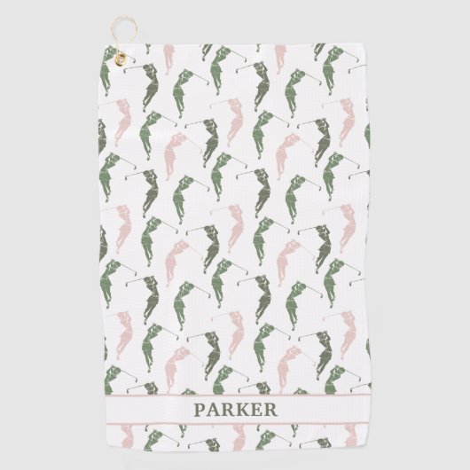 グリーンエレガントホワイトウーマンゴルファーモノグラムの ゴルフタオル (正面)