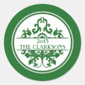 グリーンエレガントホワイトダマスクラウンド封筒用シール ラウンドシール (正面)