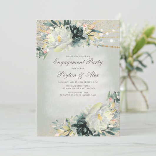 グリーンエレガントホワイトフローラ金ゴールドライト婚約 招待状 (スタンド正面)