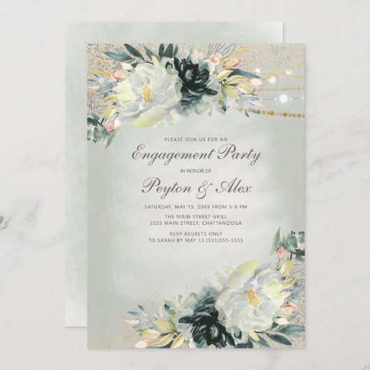 グリーンエレガントホワイトフローラ金ゴールドライト婚約 招待状 (正面/裏面)