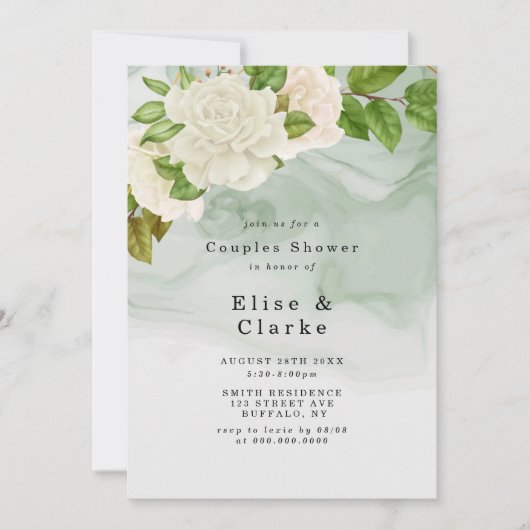 グリーンエレガントホワイトローズカップルシャワー招待状 (正面)