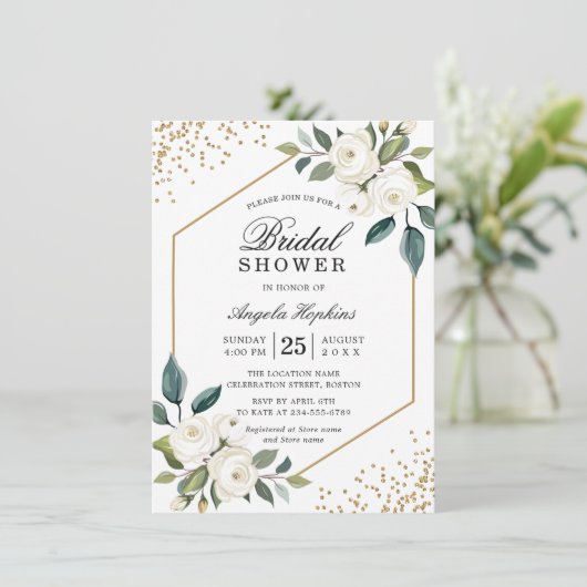 グリーンエレガントホワイト金ゴールドフローラブライダルシャワー 招待状 (スタンド正面)