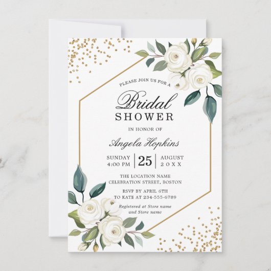 グリーンエレガントホワイト金ゴールドフローラブライダルシャワー 招待状 (正面)