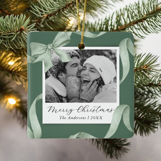 グリーンエレガントボウフォトホリデー セラミックオーナメント