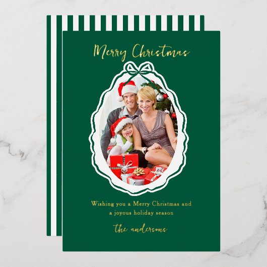 グリーンエレガントボウフレーム写真メリークリスマス 箔シーズンカード (正面/裏面)