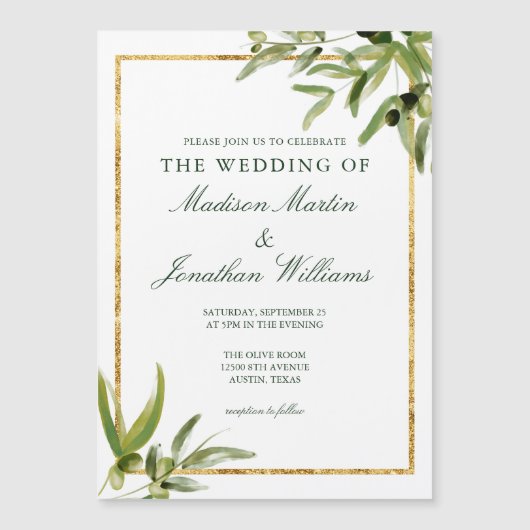グリーンエレガントボタニカルつる植物金ゴールドグリーンリー結婚ズ マグネット招待状 (正面)