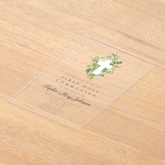 グリーンエレガントボタニカルクロスファースト聖餐式 アクリル招待状 (レイダウン)