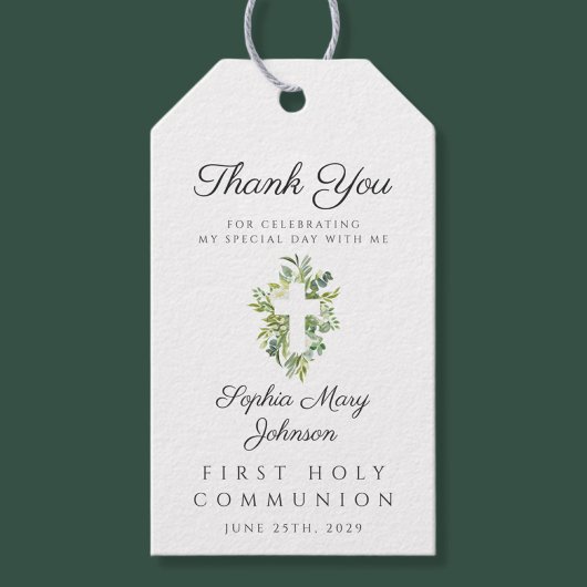 グリーンエレガントボタニカルクロスファースト聖餐式 ギフトタグ