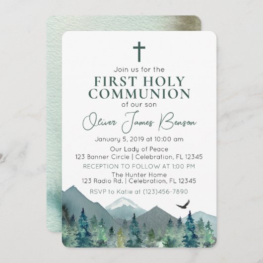 グリーンエレガントマウンテンボーイファースト聖餐式 招待状 (正面/裏面)