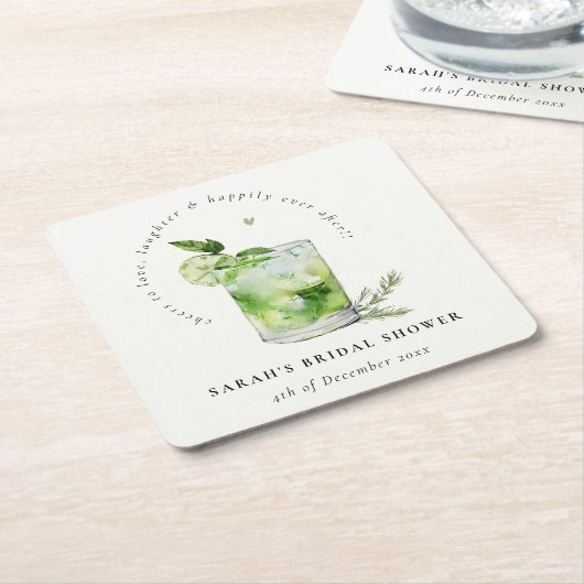 グリーンエレガントマルガリタカクテルブライダルシャワー スクエアペーパーコースター (アングル)