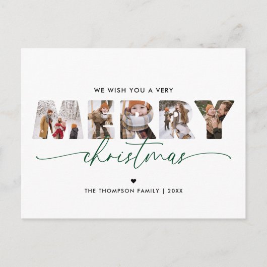 グリーンエレガントメリークリスマス写真コラージュ シーズンポストカード (正面)
