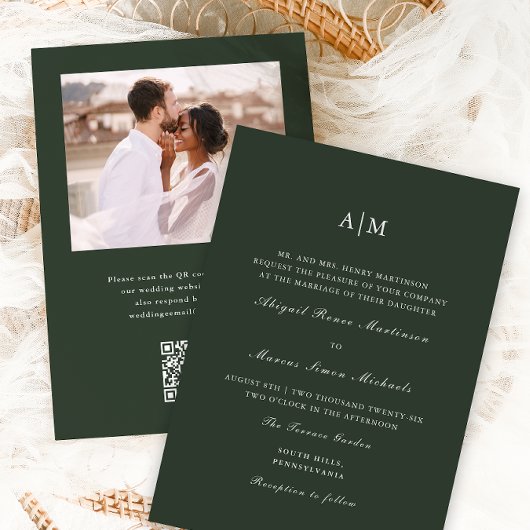 グリーンエレガントモノグラムQR Rsvp写真結婚s 招待状